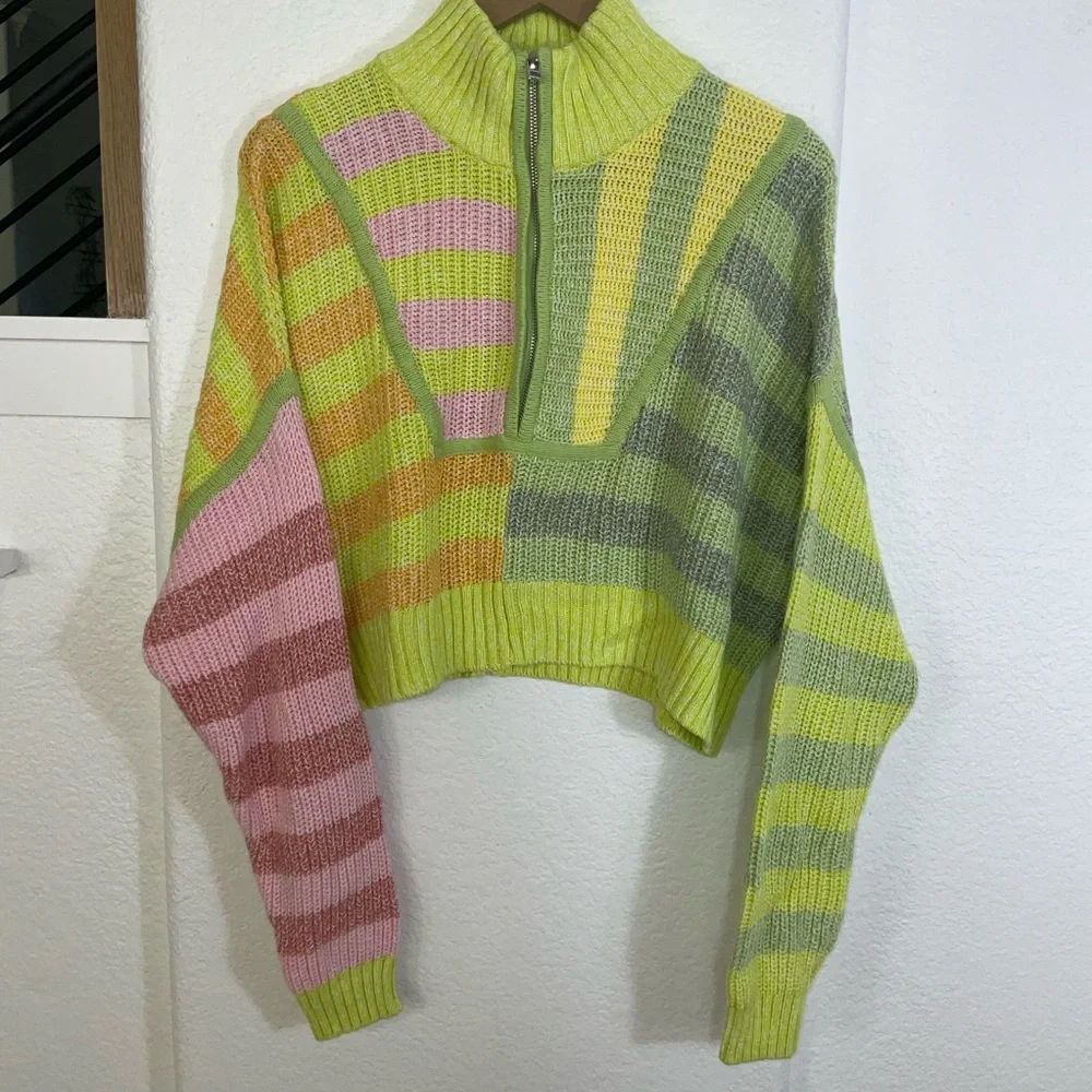 STAUD Cropped Hampton Yellow and Green Knit Sweater - Picture 2 of 6